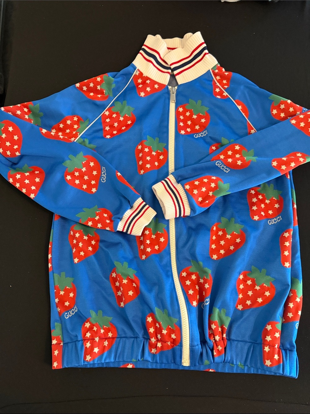 Gucci Kids Blue Jacket with Red Strawberry Print